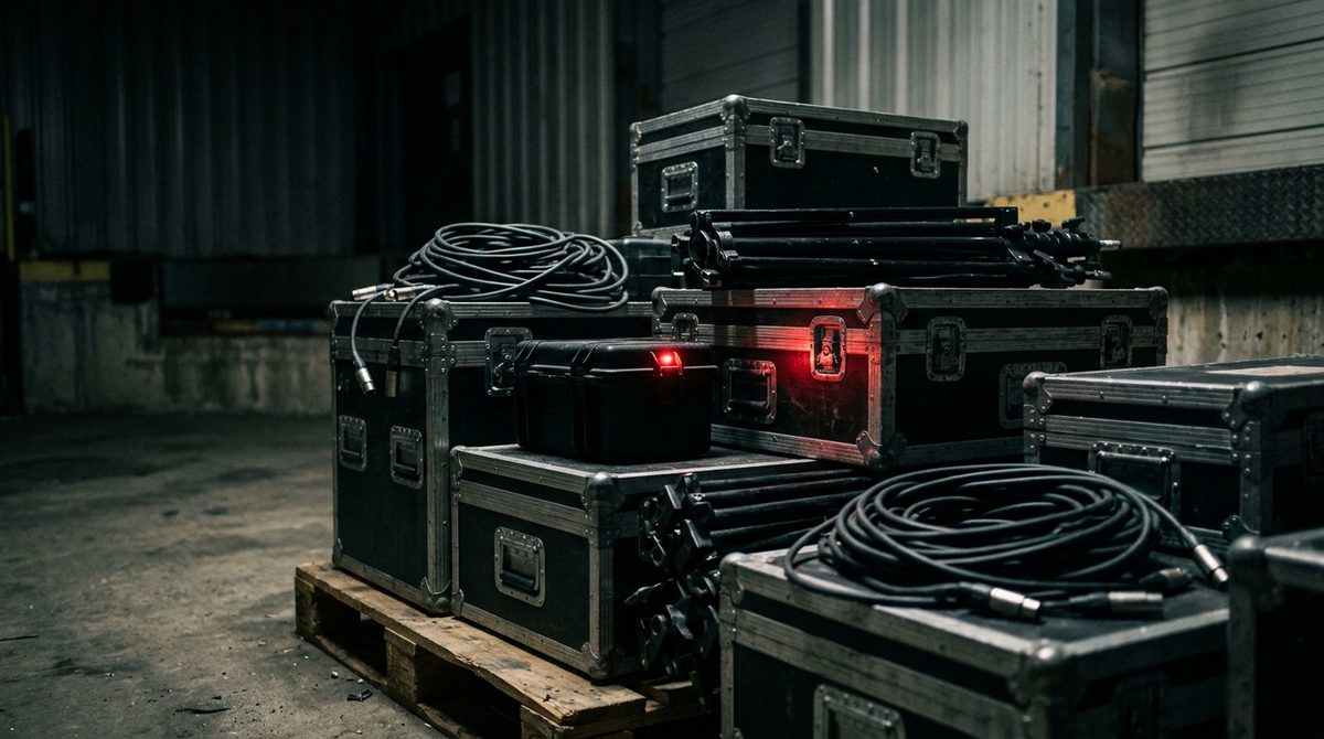 Stacked flight cases, coiled cables and light stands in a dark loading bay lit by a single red indicator