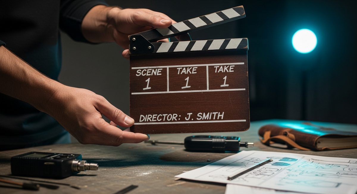 A filmmaker's hands on a clapper board in a dark studio, surrounded by storyboard pages and production tools