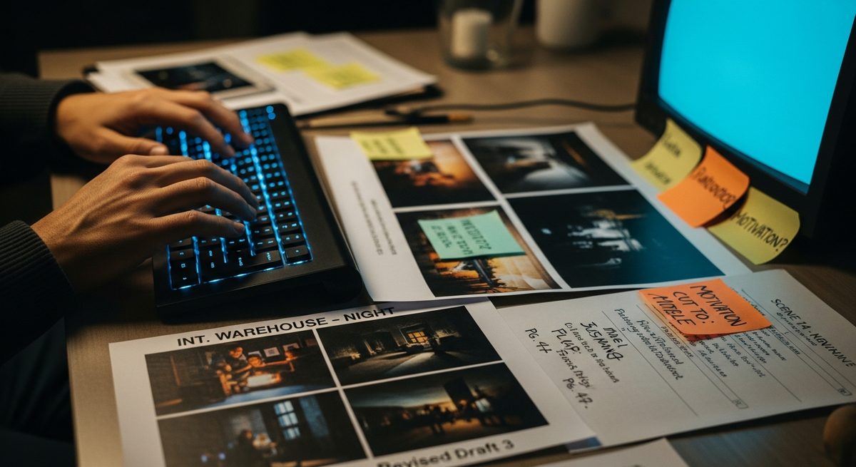 A filmmaker working at night with reference stills and a keyboard, representing the craft of directing AI film production through precise inputs