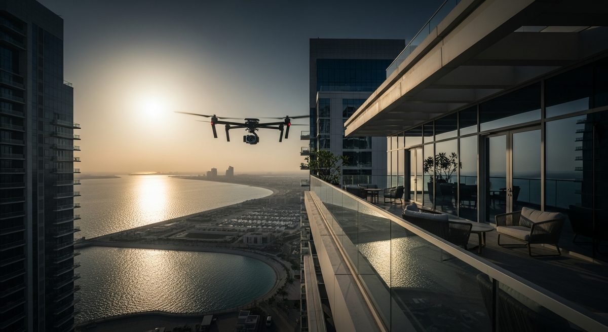 Cinematic AI-reconstructed aerial perspective over a Dubai Marina rooftop terrace, sea visible in the background
