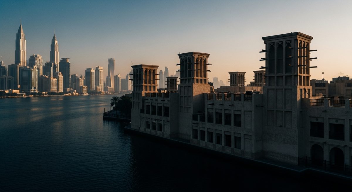 Drone footage over Dubai Creek toward the Al Fahidi historic district, showing the contrast between heritage areas and the modern skyline, a common location requiring careful airspace assessment