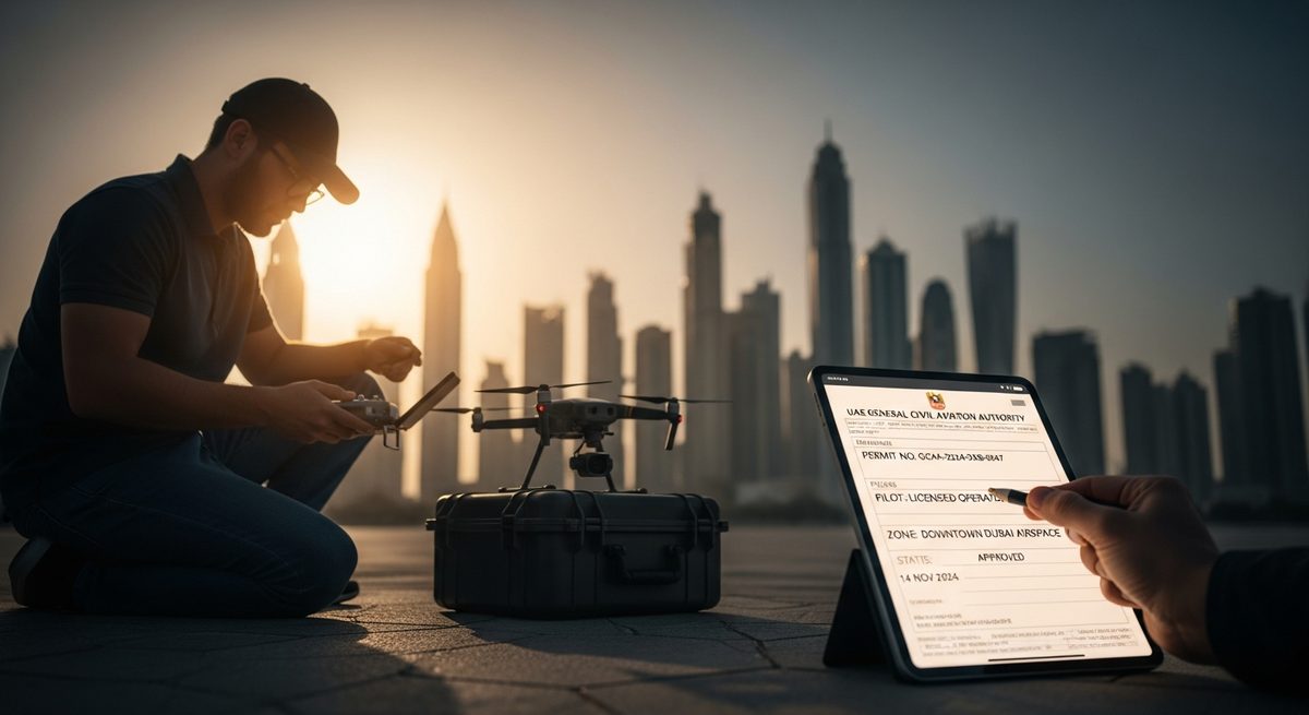 A licensed drone operator reviewing flight permits and documentation before an aerial shoot in Dubai