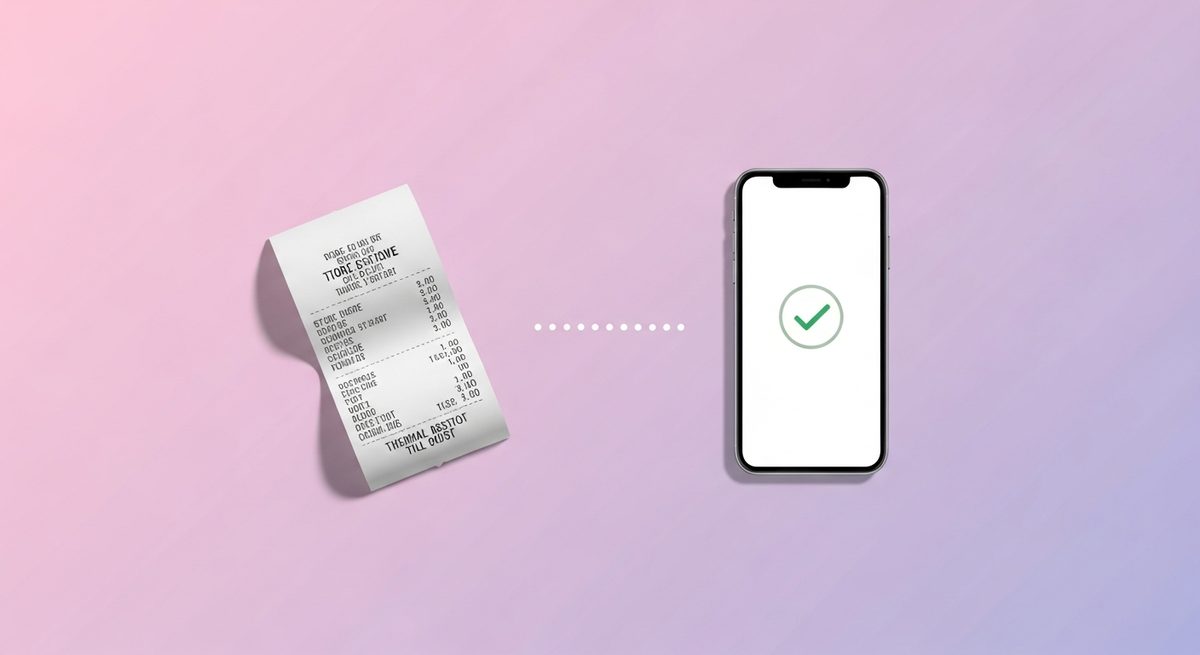 A flat-lay showing a store receipt on the left and a smartphone with a checkmark on the right, representing the receipt-to-reward journey.