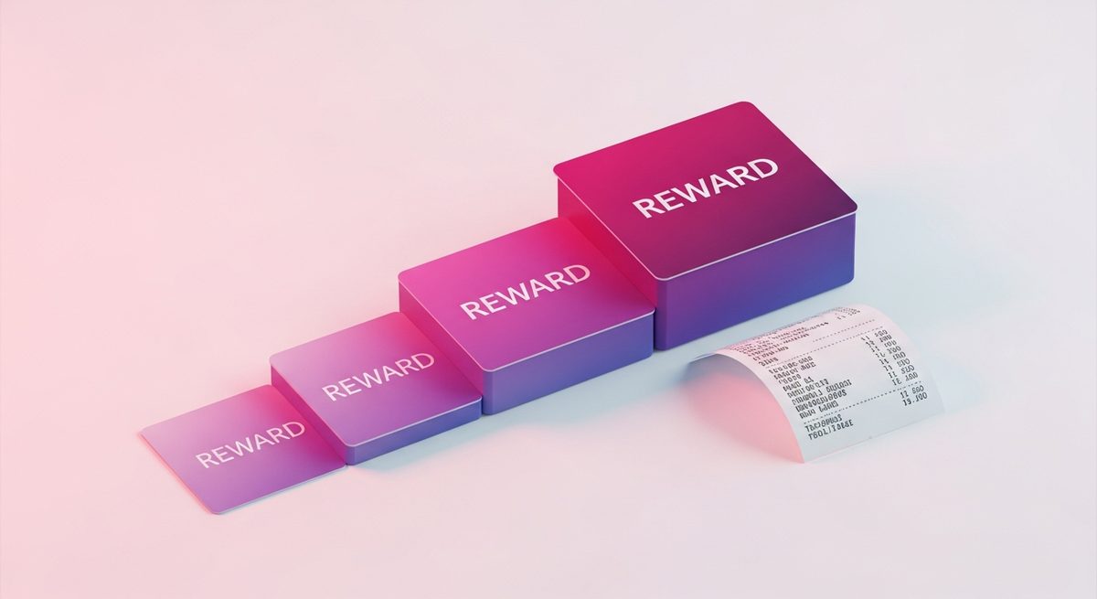 Three tiered loyalty reward cards arranged in ascending order, coloured from lavender to magenta, suggesting a loyalty tier progression