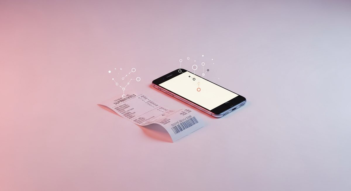 A till receipt and smartphone side by side with subtle data point shapes suggesting first-party purchase data capture