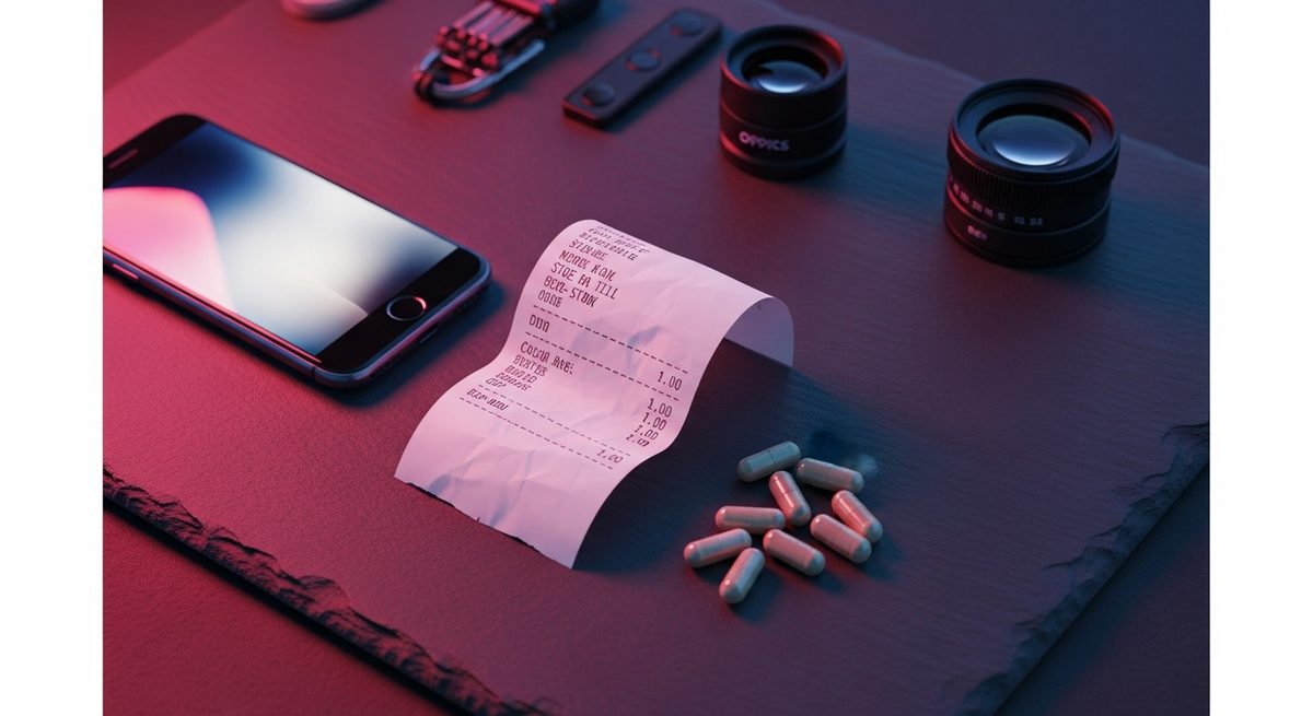 A receipt, smartphone and outdoor gear laid out on a dark surface with a warm pink-purple glow representing a receipt rewards campaign entry