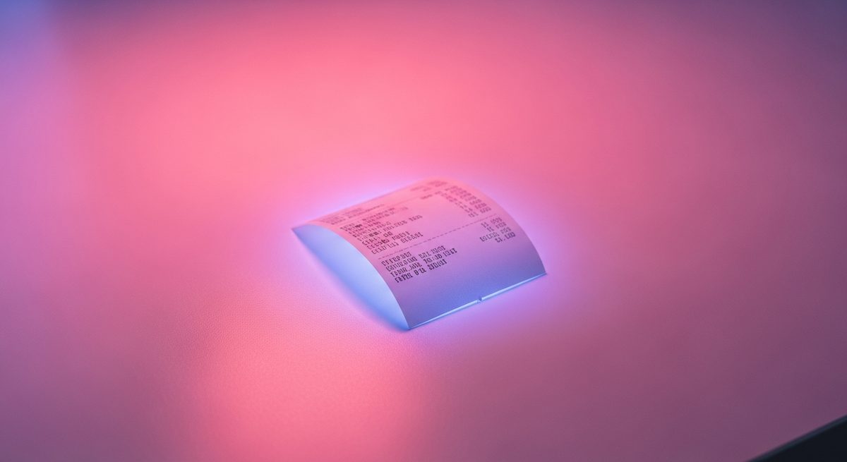 A store receipt being scanned by AI validation technology, with a soft pink and purple glow beneath it