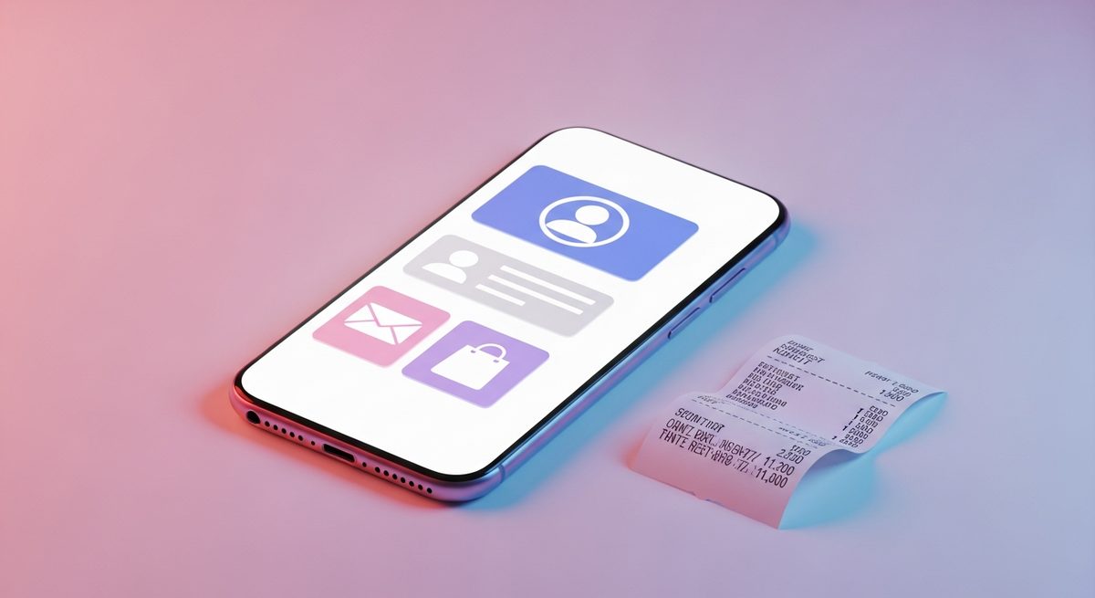 A smartphone displaying an abstract customer profile card, representing the data captured from a receipt rewards campaign