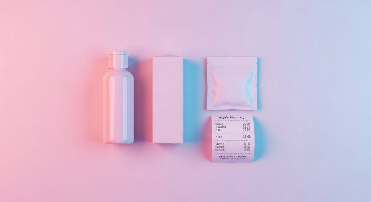 A small selection of consumer products alongside a standard till receipt on a white surface with soft pink and purple lighting