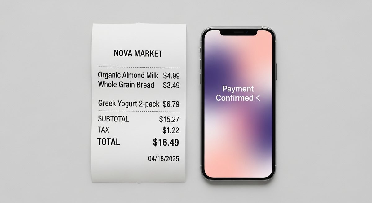 A till receipt lies beside a smartphone displaying a glowing reward confirmation, representing AI receipt validation