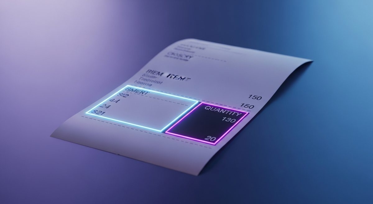 A grocery receipt with a single line item and quantity field precisely highlighted in blue and violet, illustrating targeted custom field extraction