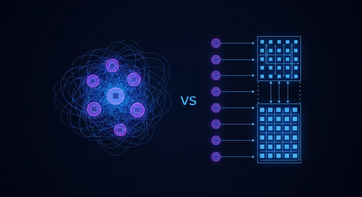 Two infrastructure patterns contrasted: a congested shared LLM inference cluster versus a clean purpose-built asynchronous OCR queue