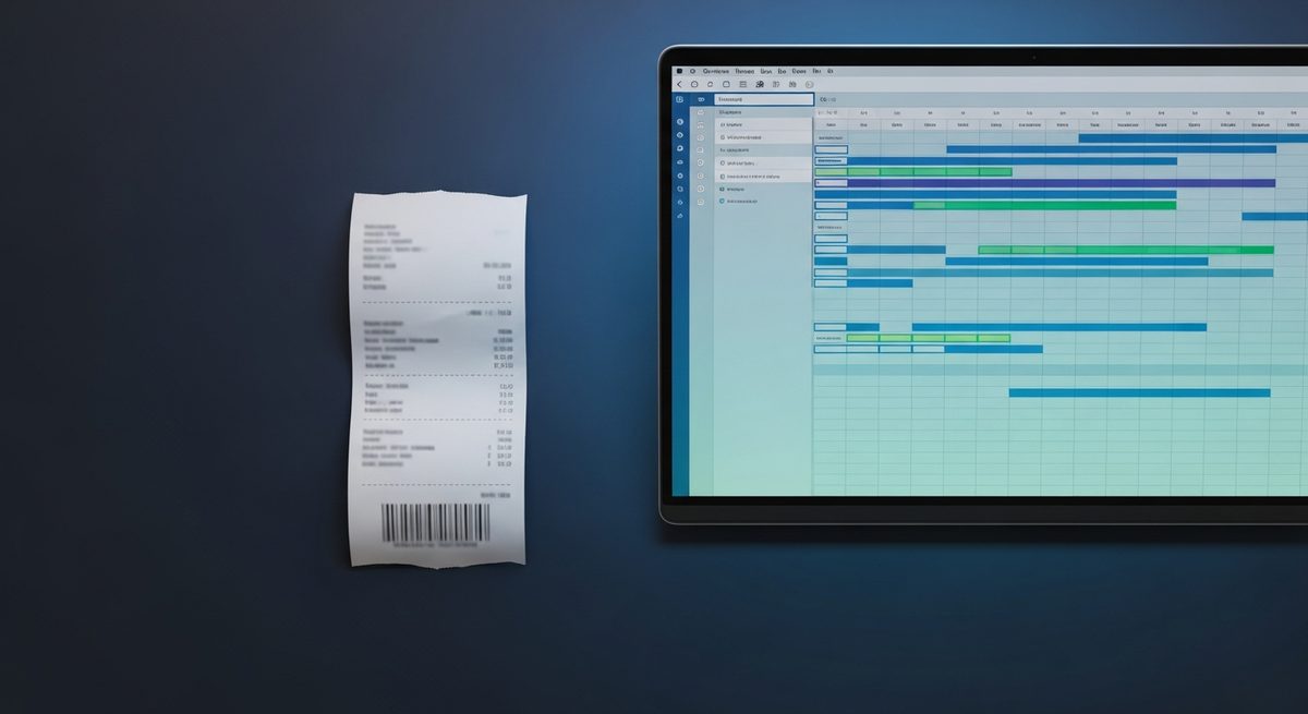 A printed receipt beside a laptop showing a structured data grid comparing parsed output to ground truth field by field